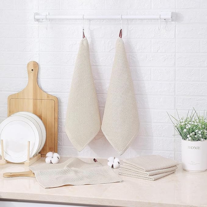 Kitinjoy 100% Cotton Kitchen Dish Cloths (12 X 12 Inches, Beige), 12 Pack Waffle Weave Ultra Soft Absorbent Dish Towels for Drying Dishes Quick Drying Kitchen Towels Dish Rags
