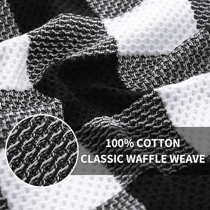 Homaxy 100% Cotton Waffle Weave Check Plaid Dish Cloths, 12 x 12 Inches, Super Soft and Absorbent Dish Towels Quick Drying Dish Rags, 6-Pack, White & Black
