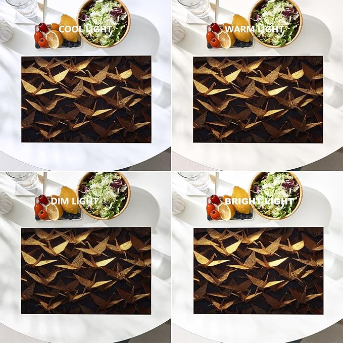 Batmerry Origami Cranes Placemats, Golden Paper Cranes On Dark Washable Linen Table Mats for Kitchen Table Double Insulation Decor Dining Set Indoor Outdoor 12X18 in Set of 4