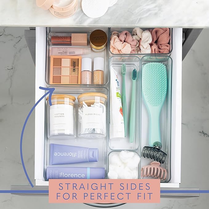 primebox Plastic Clear Acrylic Drawer Organizers. Bathroom, Kitchen, Bedroom, Utensils, Office Organizer Bins, Storage Trays. Heavy Duty, Stackable. 3" x 3" x 2" Set of 6