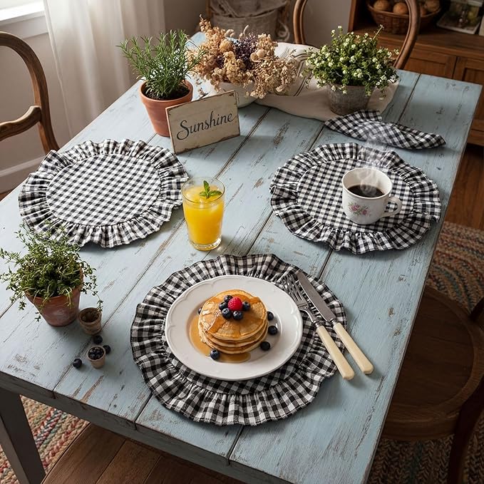 4 Pcs 15 Inch 100% Cotton Scalloped Round Placemats, Thin Black & White Gingham Place Mats with Ruffle, Washable Placemats Table Mats for Kitchen Dining Holiday Gatherings Decor