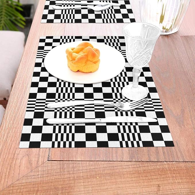 Modern Checkered Linen Placemats Set of 4, Retro Black & White Geometric Patterned Place Mats for Dining Table, Kitchen, Party, 12 x 18 Inch Non-Slip Heat Resistant White Black Table Mats, Home Decor
