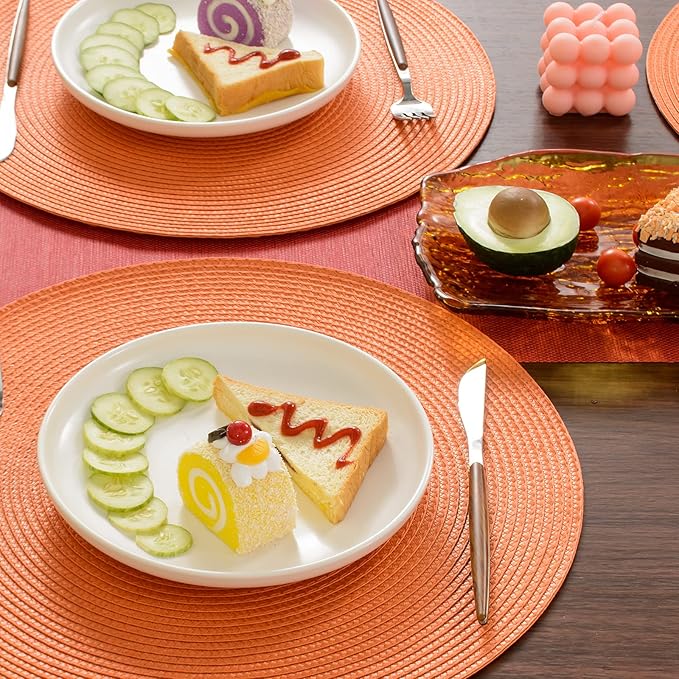 FunWheat Round Braided Placemats Set of 6 Table Mats for Dining Tables Woven Washable Non-Slip Place mats 15 inch(Orange, 6pcs)