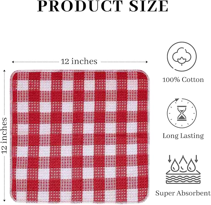 Blue Needles Set of 8 Waffle Weave Check Plaid Dish Cloths, 12x12 Inches 100% Cotton Dish Towels for Kitchen, Ultra Soft & Absorbent Kitchen Towels for Quick Drying Spring Summer - Burgundy & White