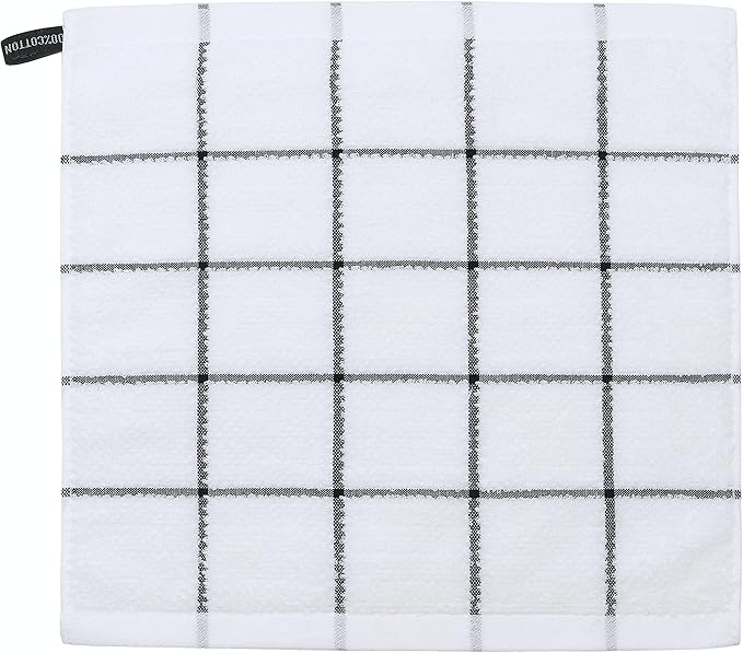 Cotton Terry Kitchen Dish Cloths, Soft Absorbent Tidy Kitchen Dish Towels (Black Grid, Dish Cloths 13 x 13 in)
