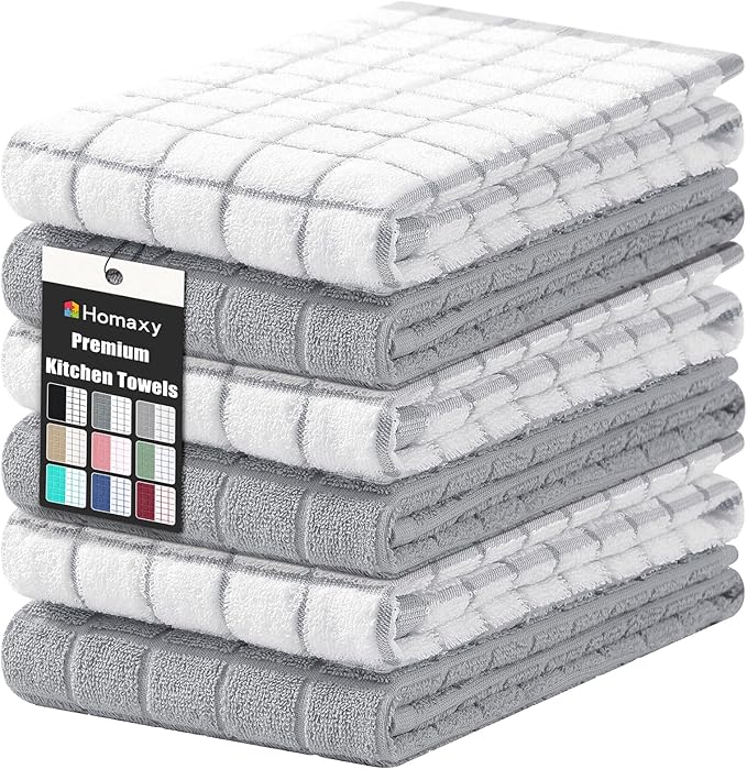 Homaxy Premium Cotton Kitchen Towels 16"x 28", Large Natural Ring Spun 390 GSM Dish Towels, Super Absorbent Terry Kitchen Hand Towels, Soft Tea Towels with Hanging Loop, Light Grey Check, 6 Pack