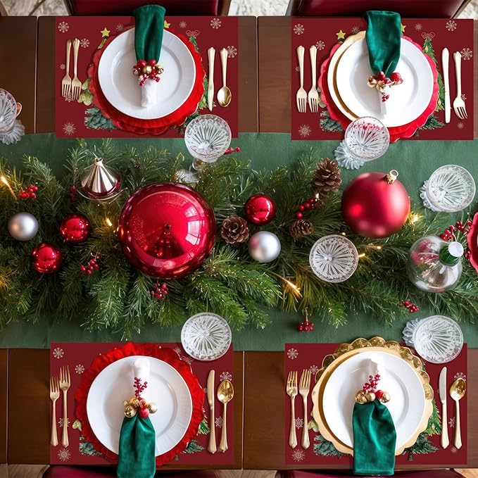 Christmas Tree Placemats Set of 4, Red Christmas Home Decor Rectangle Table Mats, Linen Fabric Placemat for Indoor & Outdoor Kitchen Dining Home Decor, 12 x 18 Inch -08