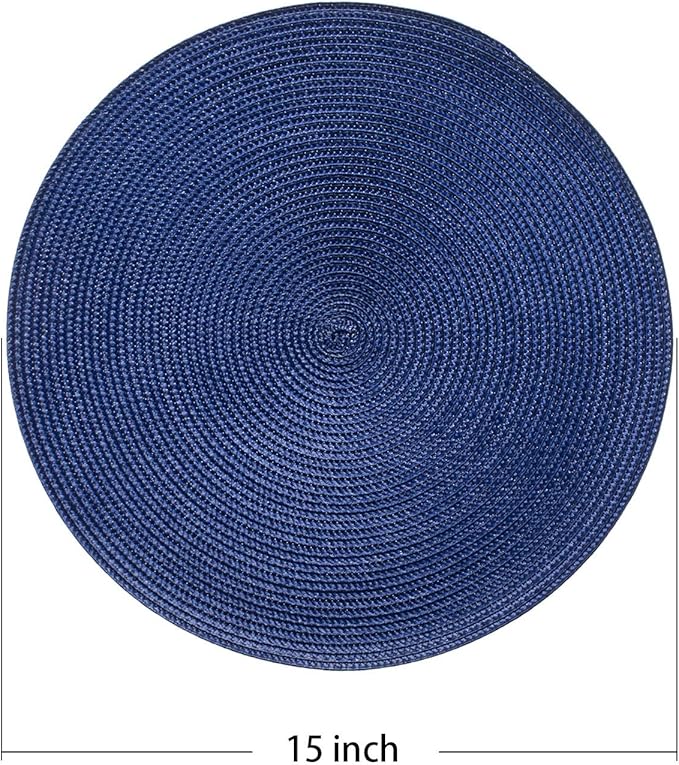 AHHFSMEI Round Placemats Set of 6 Heat Resistant Washable Non-Slip Woven Braided Table Mats for Dining Table Kitchen & Home Decor (Navy Blue)