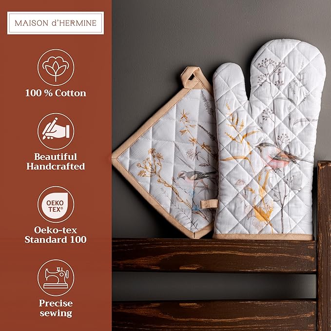 Maison d' Hermine 100% Cotton Oven Mitt & Pot Holder Set (7.5"x13" & 8"x8") Heat Resistant BBQ Cooking Gloves with Loop Baking Kitchen Gifts for Mothers Day Spring/Summer (Meadow Florals - Beige)