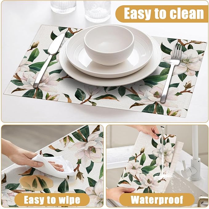 White Magnolia Flower Placemats Set of 6,Summer Flower Linen Place Mat Washable Stain Resistant Table Mats for Farmhouse Dining Party 12x18 Inch