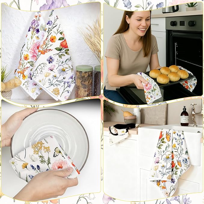 2Pcs Floral Kitchen Towels-16×24in Spring Dish Towels, Super Absorbent & Quick Dry Flower Decor Hand Towels for Spring Summer Home Decor Easter Mother‘s Day Gifts