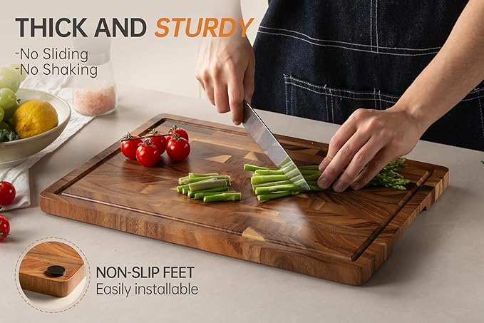 Walnut Wood Cutting Board End Grain Wooden Cutting Boards for Kitchen Chopping Block with Deep Juice Groove, Inners Handles, Gift Box, 16.5"x11.6"x0.8"