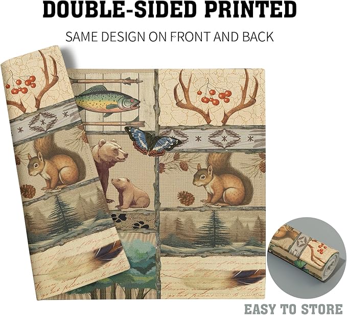 Cabin Placemats Set of 4 - Forest Bear Moose Place Mats Set of 4 Pine Tree Wild Animal Art Kitchen Dining Table Mat for Indoor Outdoor Decorations 12 x 18 Inch