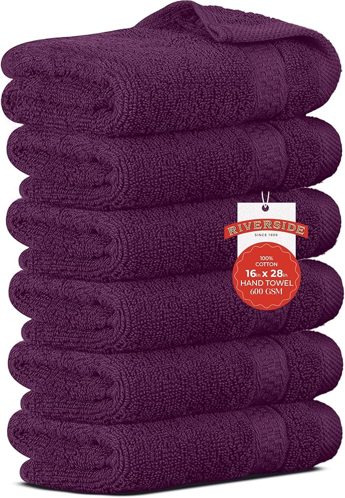 RIVERSIDE 6 Pack Premium Hand Towels Set, 16x28 inches, 100% Ring Spun Cotton, 600 GSM, Soft, Quick Dry and Highly Absorbent, Towels for Bathroom, Kitchen, Gym, Spa - Purple Passion