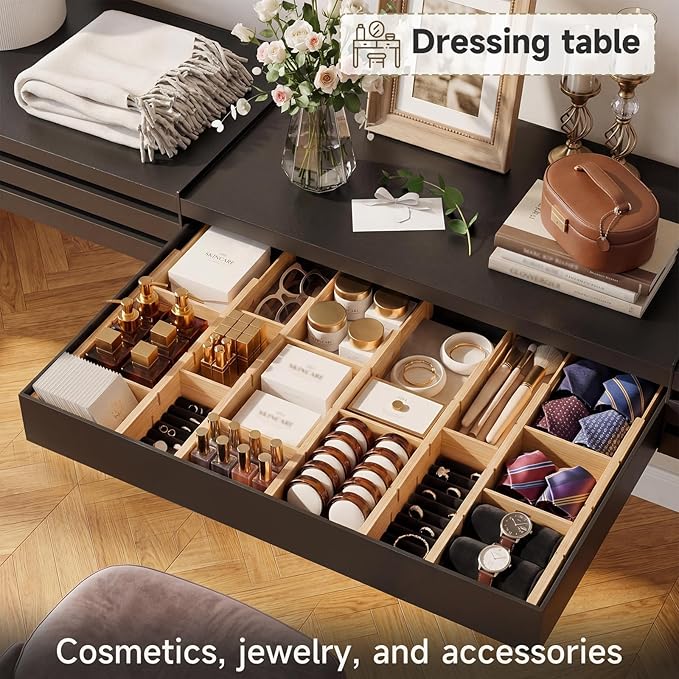 Bamboo Drawer Dividers, Expandable Kitchen Drawer Organizer, Include 8 Dividers, 8 Small Inserts and 8 Medium Inserts for Home, Office, Dressers (Short-8 Dividers)