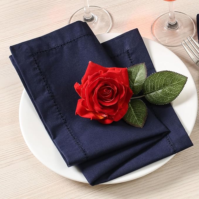 Lightnpro Hemstitched Cotton Cloth Napkins Set of 12-18x18 Inch Navy Dinner Napkins, Washable Fabric Napkins, Christmas & Holiday Table Linens, Elegant Cloth Napkins for Special Occasions