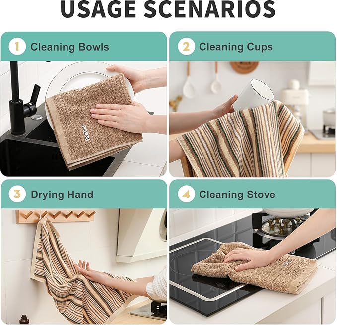 Kitchen Dish Towels for Drying Dishes, Large Cotton Kitchen Towels, Stripped Terry Dish Cloths, Thick Highly Absorbent Towel Sets with Hanging Loop, 16" X 26", 6 Packs,Beige and Solid Color