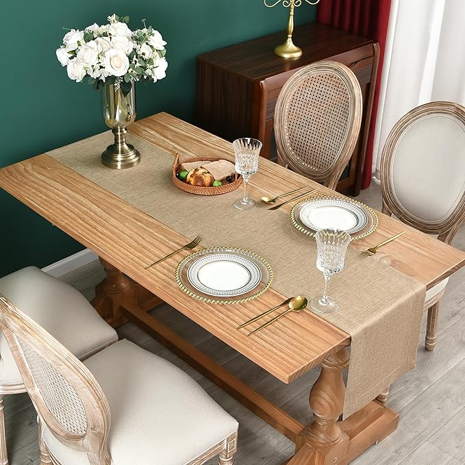 NEWISHER Farmhouse Rustic Table Runner Solid Flaxen Rectangular Table Runners Faux Linen Table Runner for Everyday Use Kitchen Dining Party Table 13x72 Inch