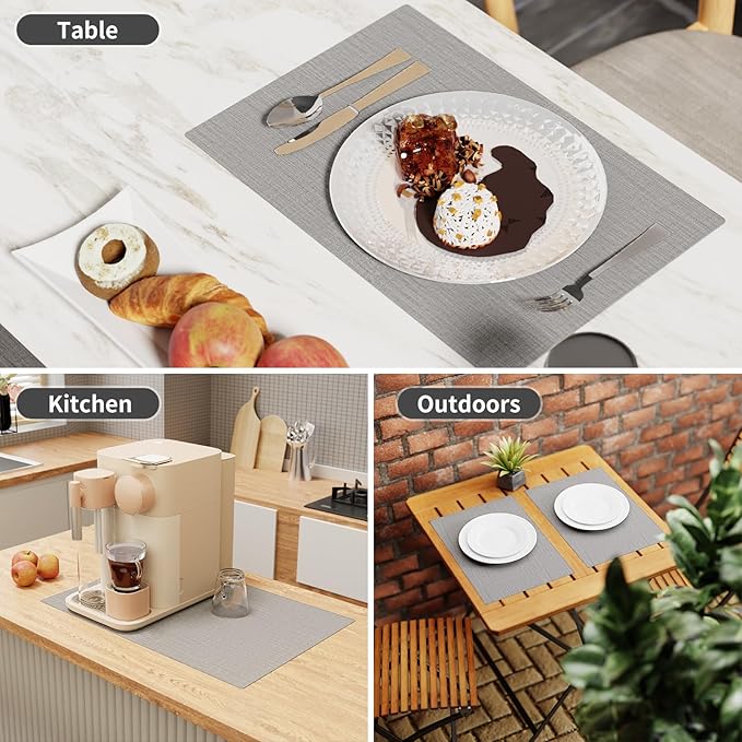 Cloth Placemats, Set of 6 Heat-Resistant Cotton Linen Blend Double Layered Machine Washable Place Mats, Wrinkle Free Thick Fabric Dining Table Mats for Indoors & Outdoors (Light Grey, 6)