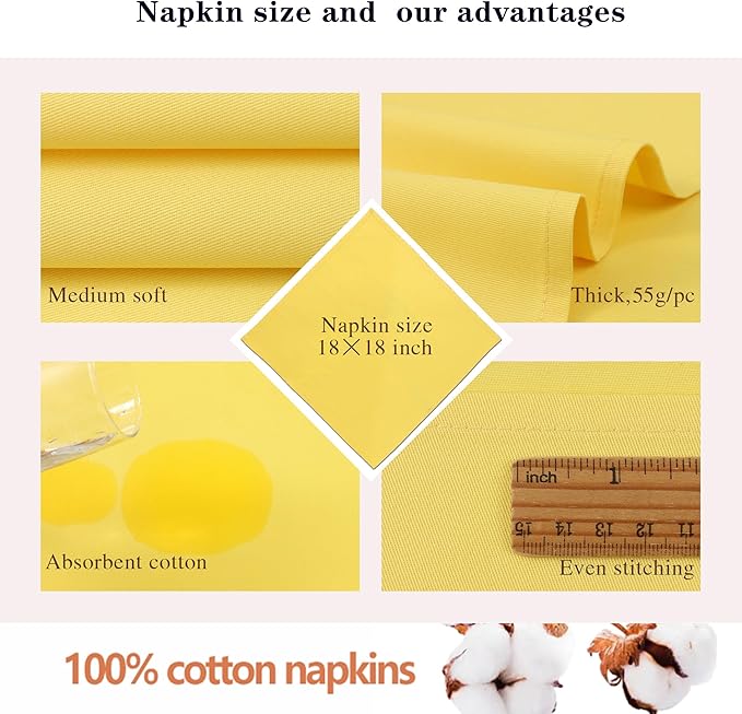 Jasmine Yellow Cloth Napkins 100% Cotton Set of 6, Spring Napkins, Easter Table Decortaions for Dinner Soft Comfortable and Reusable 18"x18"