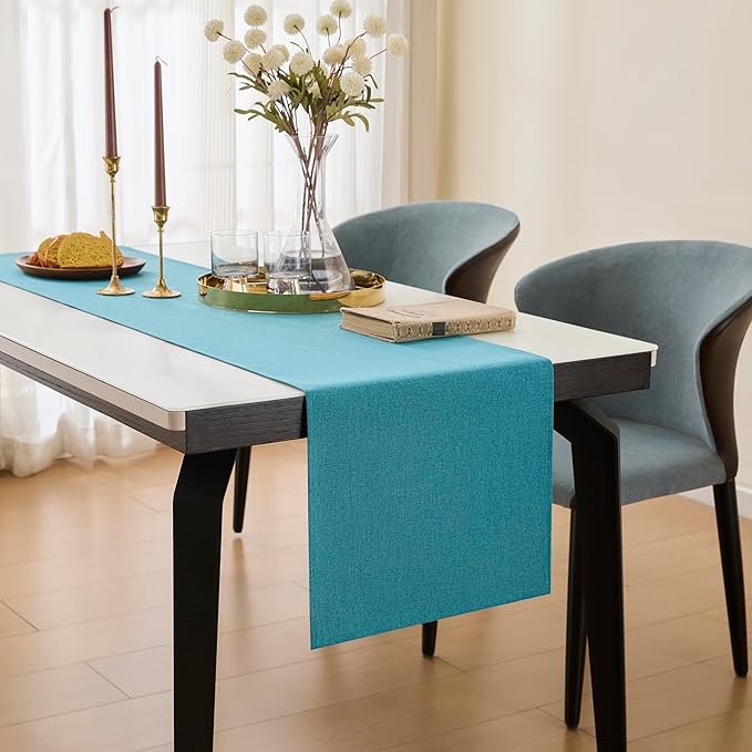YATOJUZI Teal Table Runner Seasonal Summer Kitchen Dining Coffee Table Decoration 55 Inches Long Waterproof Turquoise Farmhouse Rustic Table Runner Home Wedding Party Decor 16x55Inch