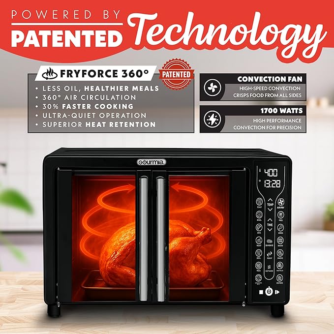 Gourmia French Door Air Fryer – 25 Qt Large Capacity Convection Oven, Fryforce 360°, Digital Display with 17 Cooking Presets, Bake, Toast, Roast, Dehydrate, Fits 12” Pizza