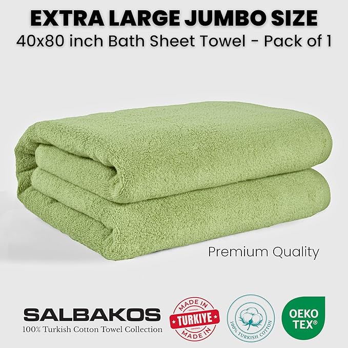SALBAKOS Luxury 100% Turkish Cotton 40x80 in Extra Large Beach & Bath Towels | Oversized Bath Sheets | Premium Hotel Quality Thick Soft Absorbent Turkish Towel (Pack of 1, Green, Jumbo Bath Sheet)