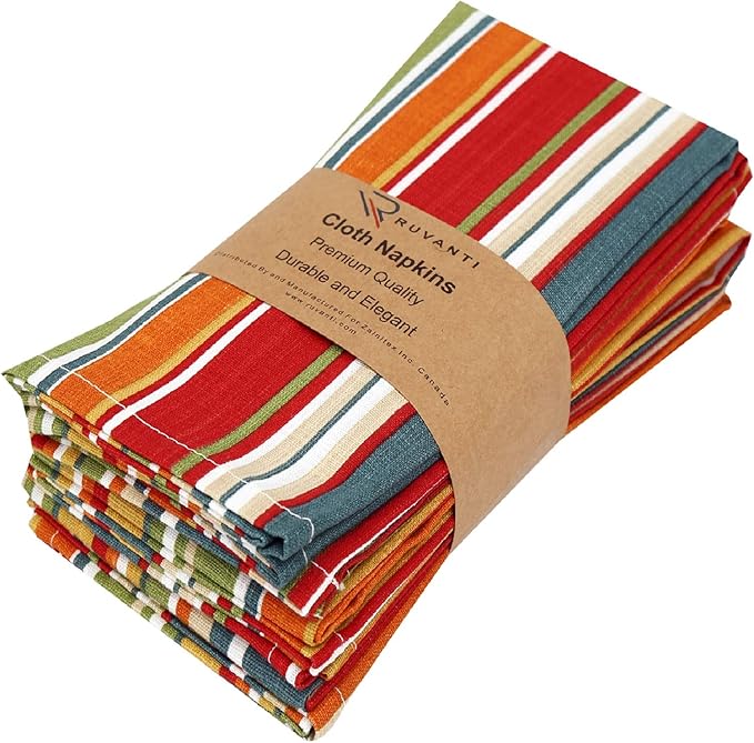 Ruvanti Cloth Napkins Set of 6, 18x18 Inches, 100% Cotton, Washable, Soft & Absorbent, Perfect for Wedding, Christmas, ‎Thanksgiving Dinners - Multi Stripes