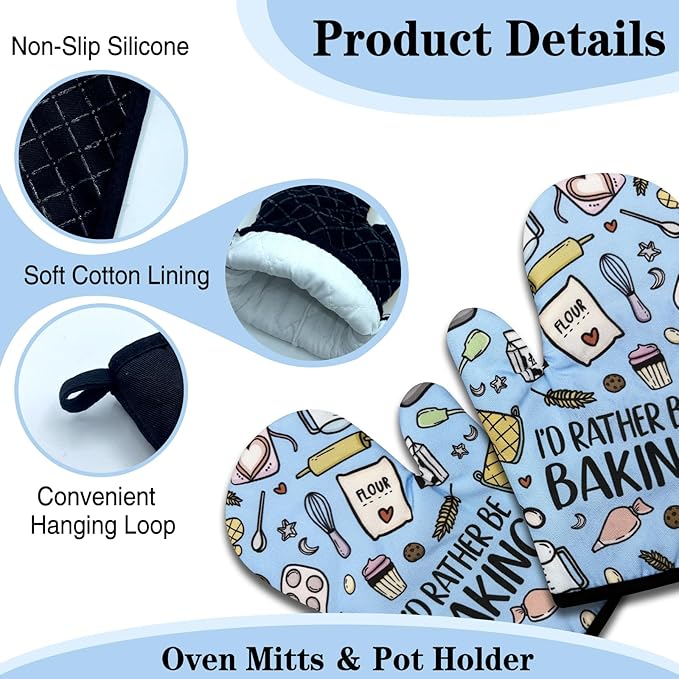 Funny Oven Mitts and Pot Holders Set of 3, I'd Rather Be Baking, Heat Resistant Non-Slip Kitchen Mitts Hot Pads, Bake Lovers Gifts, Sweet Housewarming Gifts for Women Hostess Mom Wife Baker