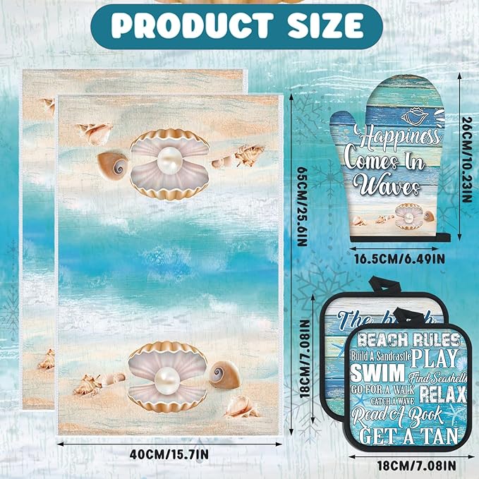 6 Pcs Summer Beach Kitchen Towels Pot Holders and Oven Mitts Set Include Coastal Dish Towel Beachy Rustic Oven Gloves Heat Resistant Potholders for Christmas Kitchen Gift