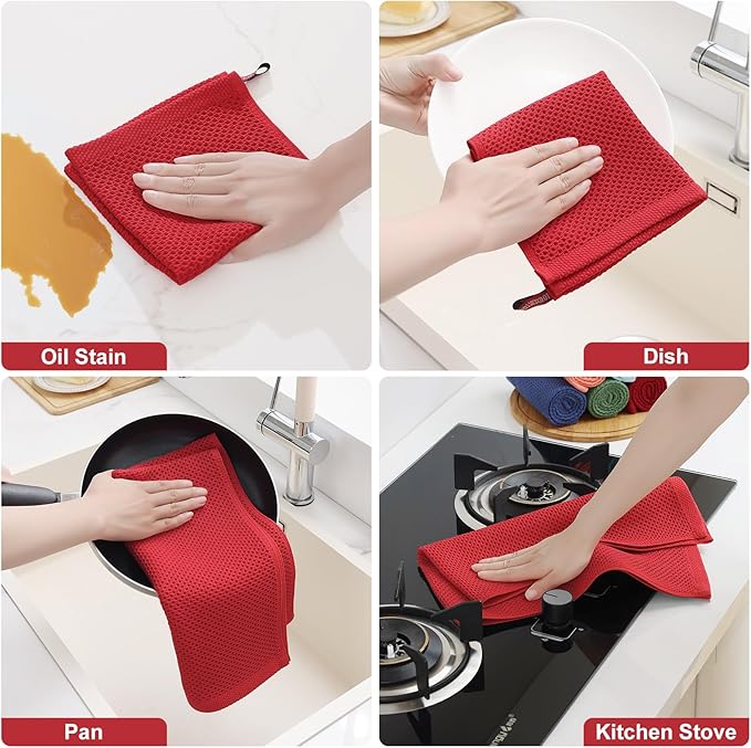 Homaxy 100% Cotton Kitchen Towels and Dishcloths Set, 12 x 12 Inches and 13 x 28 Inches, Set of 12 Bulk Kitchen Towels Set, Ultra Soft Absorbent Dish Cloths for Washing Dishes, Red