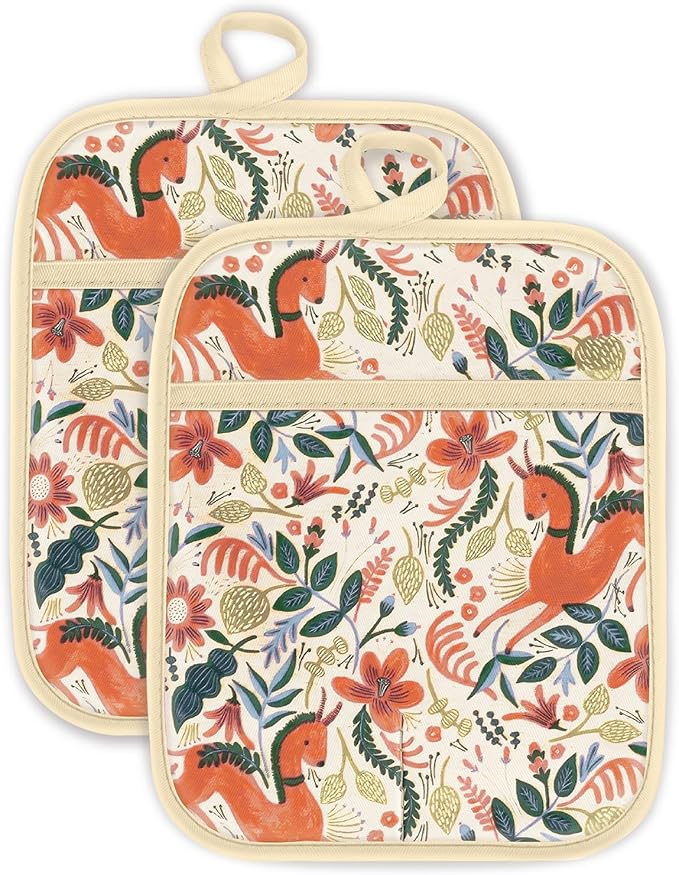 Swooflia 100% Cotton Pot Holders 2 Pack Set for Kitchen with Pockets - Cute 440°F Heat Resistant Oven Hot Pads Heavy Duty for Countertop Home Cooking Baking Microwave BBQ Horse