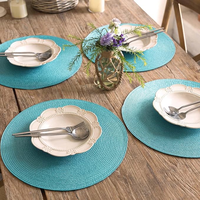 FunWheat Round Braided Placemats Set of 6 Table Mats for Dining Tables Woven Washable Non-Slip Place mats 15 inch(Turquoise, 6pcs)