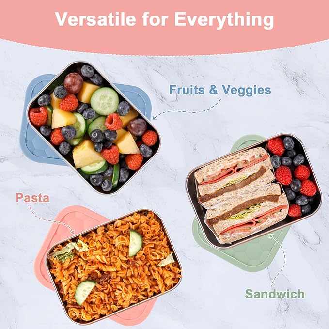 Caperci 25oz Stainless Steel Food Containers, 3-Pack Bento Lunch Box with Silicone Lids, Leak-Proof Reusable Meal Prep Container for Sandwiches & Snacks, BPA-Free (720ML)
