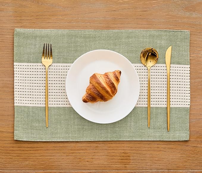 Wracra Linen Placemats, 12 x 18 Inch Set of 4 Placemats, Farmhouse Macrame Place Mats for Kitchen Table and Heat Resistant-Hemstitch Sage Green 4PCS