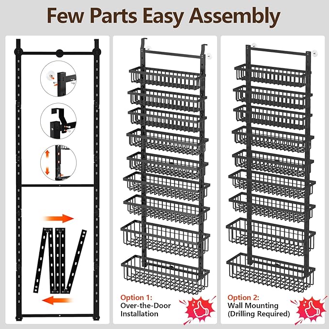 POKIPO 9 Tier Over The Door Pantry Organizer, 2 in 1 Wall Mount or Hanging Spice Rack with Adjustable Basket, Seasoning Organizer and Storage for Kitchen Cabinet Closet Bathroom