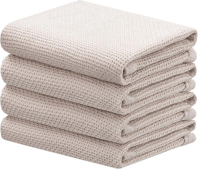 joybest Cotton Kitchen Towels, 4-Pack Waffle Weave Ultra Soft Absorbent Dish Towels Quick Drying Dish Cloths, 18 in x 28 in, Beige