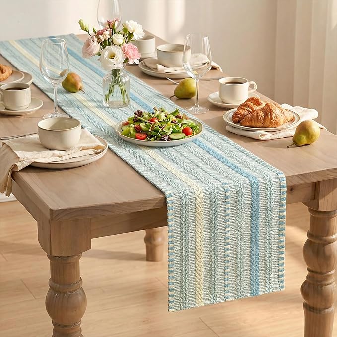 Artoid Mode Sky Blue Farmhouse Woven Table Runner, Seasonal Holiday Rustic Kitchen Dining Table Decoration for Home Party Decor 12x72 Inch
