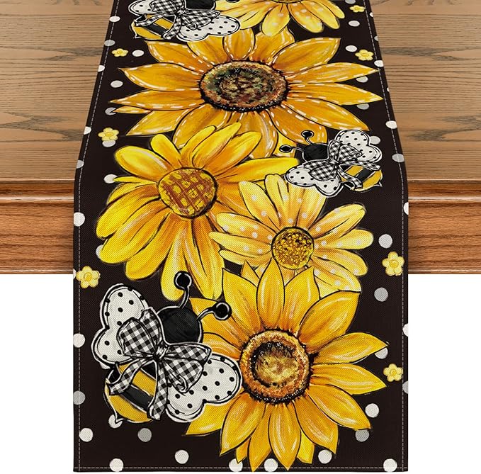 Artoid Mode Black Sunflower Bee Flower Polka Dot Summer Table Runner, Seasonal Kitchen Dining Table Decoration for Indoor Party Home 13x72 Inch
