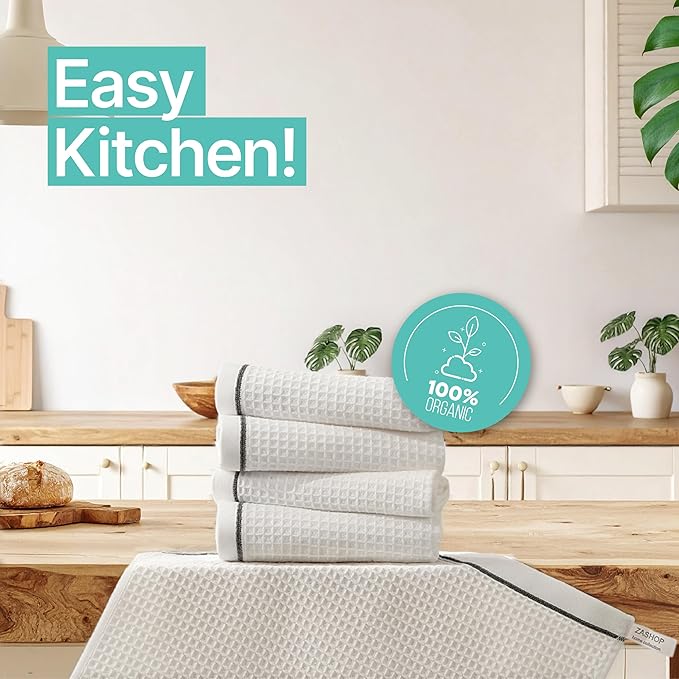 Kitchen Towels and Dishcloths Sets, 14 X 14 Inches, Absorbent Dish Towels for Kitchen, Microfiber Cleaning Cloth, Dish Cloths for Washing Dishes, Waffle Kitchen Towels (White, 14" x 14")