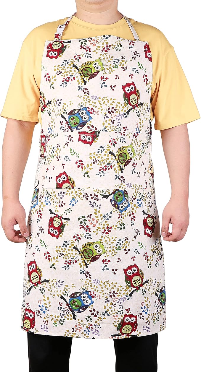 Sanlykate Extra Large Canvas Cotton Apron for Men & Women, Plus Size Durable Aprons with 2 Pockets, Adjustable Bib Machine Washable Oversized Aprons for Baking, Cooking, Painting - Owl