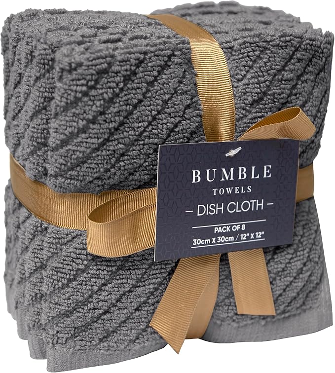 Bumble Towels Premium Kitchen Dish Cloths (12" x 12") | 8 Pack | Diagonal Deluxe Dish Cloth | High Absorbent Tea Towels Set | Gray