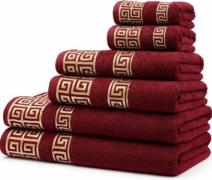 Premium Soft Cotton 6 Piece Towel Set with Greek Key Design – 2 Bath Towels 2 Hand Towels 2 Washcloths, Ultra Absorbent & Quick Dry Turkish Towels for Bathroom, Burgundy Towel Sets G03