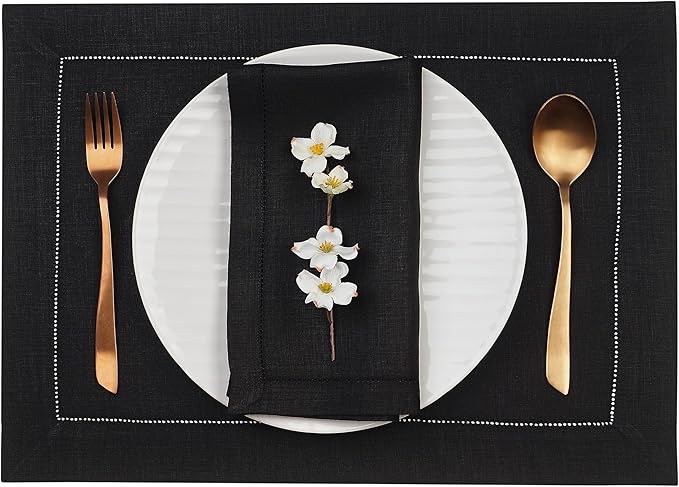 D'Moksha Homes Linen Placemats Set of 4 - Classic Hemstitch Black Placemats 14 x 19 Inch - 100% Pure Linen Table Mats for Spring - Handcrafted and Machine Washable