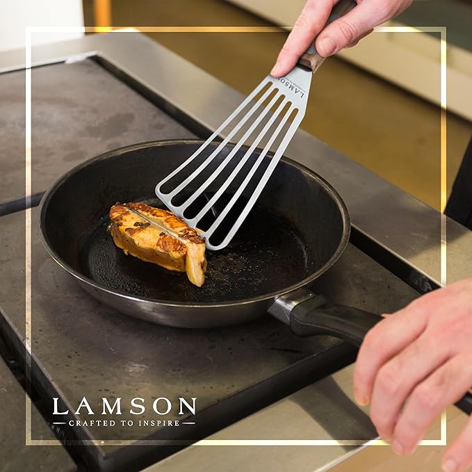 Lamson Metal Spatula Slotted Turner - 3' x 6" Stainless Flipper with Walnut Handle, Left-Hand - Chef's Frying Fish Turner, Metal Grilling Spatula