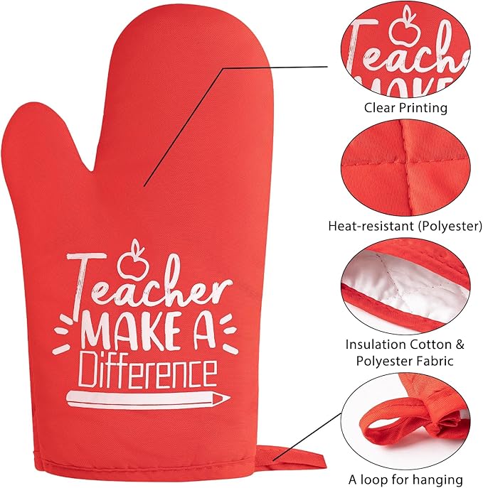 GROBRO7 6Pcs Cotton Oven Mitts Pot Holders Teacher Appreciation Week Gift for Women Men Teacher Make a Difference Pocket Potholder Baking Gloves Thank You Teachers Gifts for Back to School Graduation