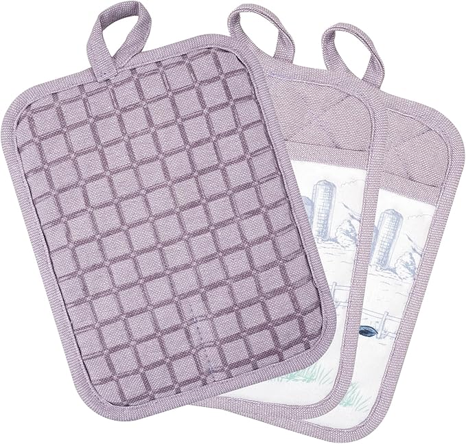 Pot Holders Set of 3 Silicone Printing Non Slip Heat Resistant, Yarm-Dyed Hot Pads Cotton Home Kitchen Cooking Barbecue Microwave Women Men Machine Washable BBQ Grilling. (Purple Potholders)