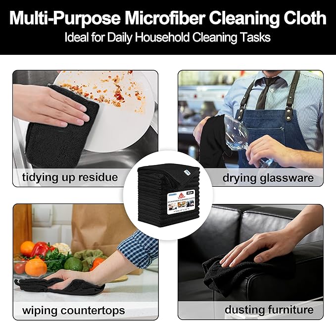 Microfiber Cleaning Cloth, 12 Pack Black Cleaning Rags,12" X 11" Lint Free Dish Towels Wash Cloths, Reusable Microfiber Towels for Home and Kitchen Bathroom Apartment Cleaning Supplies