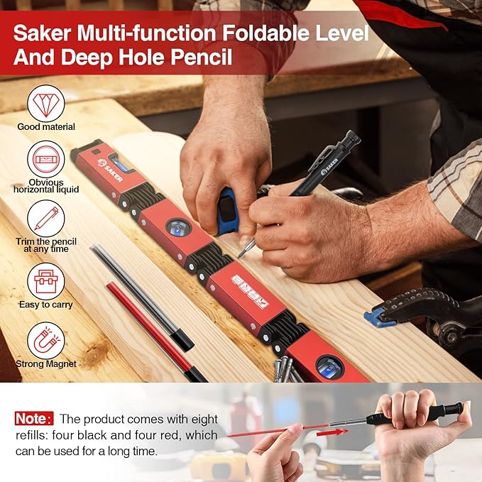 Saker Multi-Function Foldable Level and Deep Hole Pencil Set,Gifts for Men,Perfect Set of Multi-Angle Measurement Woodworking Tools and DIY Woodworking Scribe Gauge Scriber Line Maker Measuring Tool