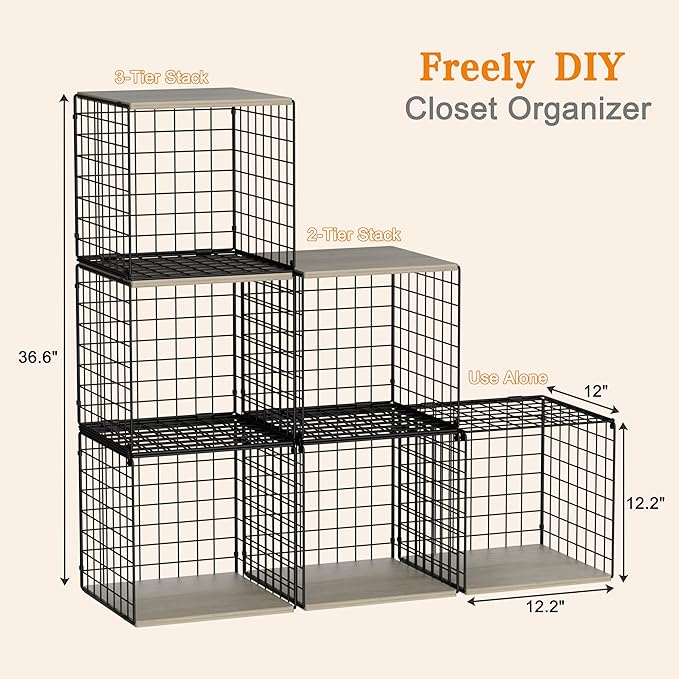 Hencawima 6 Pack Stackable Closet Organizers and Storage Basket, Closet Shelves with Wood Top, Clothes Storage Bin/Cube Organizer for Wardrobe, Space-Saving, Closet Organization, Black, Sturdy, Metal